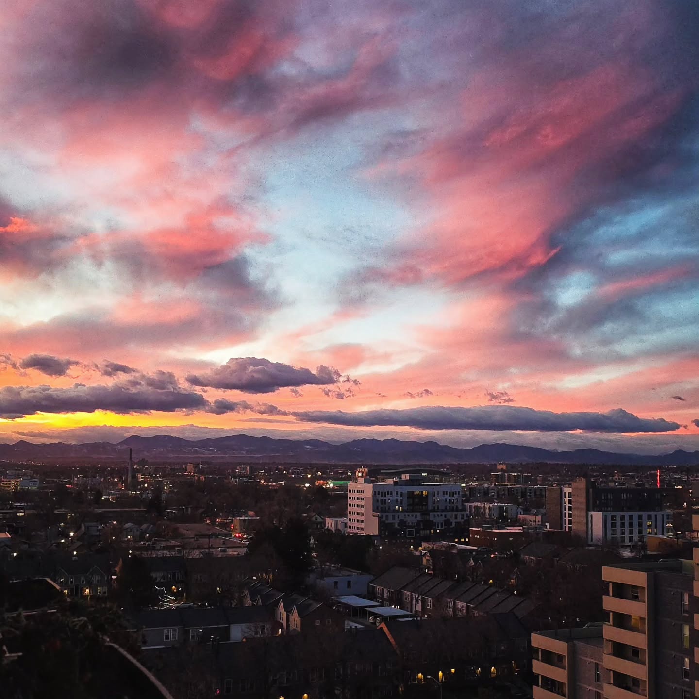 Beautiful sunset tonight downtown Denver.